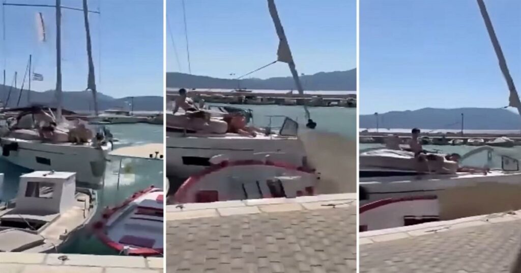 Η στιγμή που το τουριστικό ιστιοφόρο προσκρούει σε ελλιμενισμένα σκάφη στο λιμάνι του Καλάμου Λευκάδας – Δείτε βίντεο