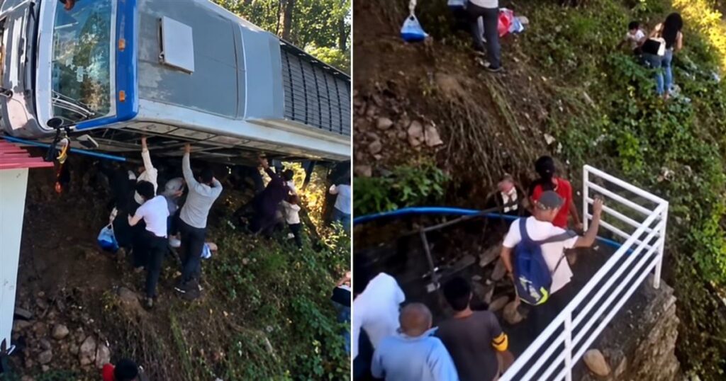 Σοκαριστικό τροχαίο: Λεωφορείο έπεσε σε χαράδρα – Ένα δέντρο σταμάτησε την πτώση – Επιβάτες και οδηγός σπάνε τζάμια για να σωθούν (video)